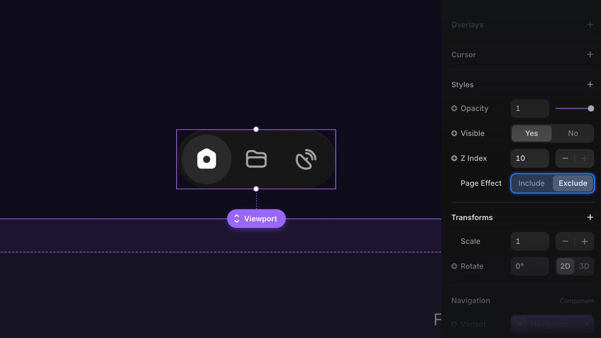 Framer interface showing navigation viewport settings with page effect exclusion controls