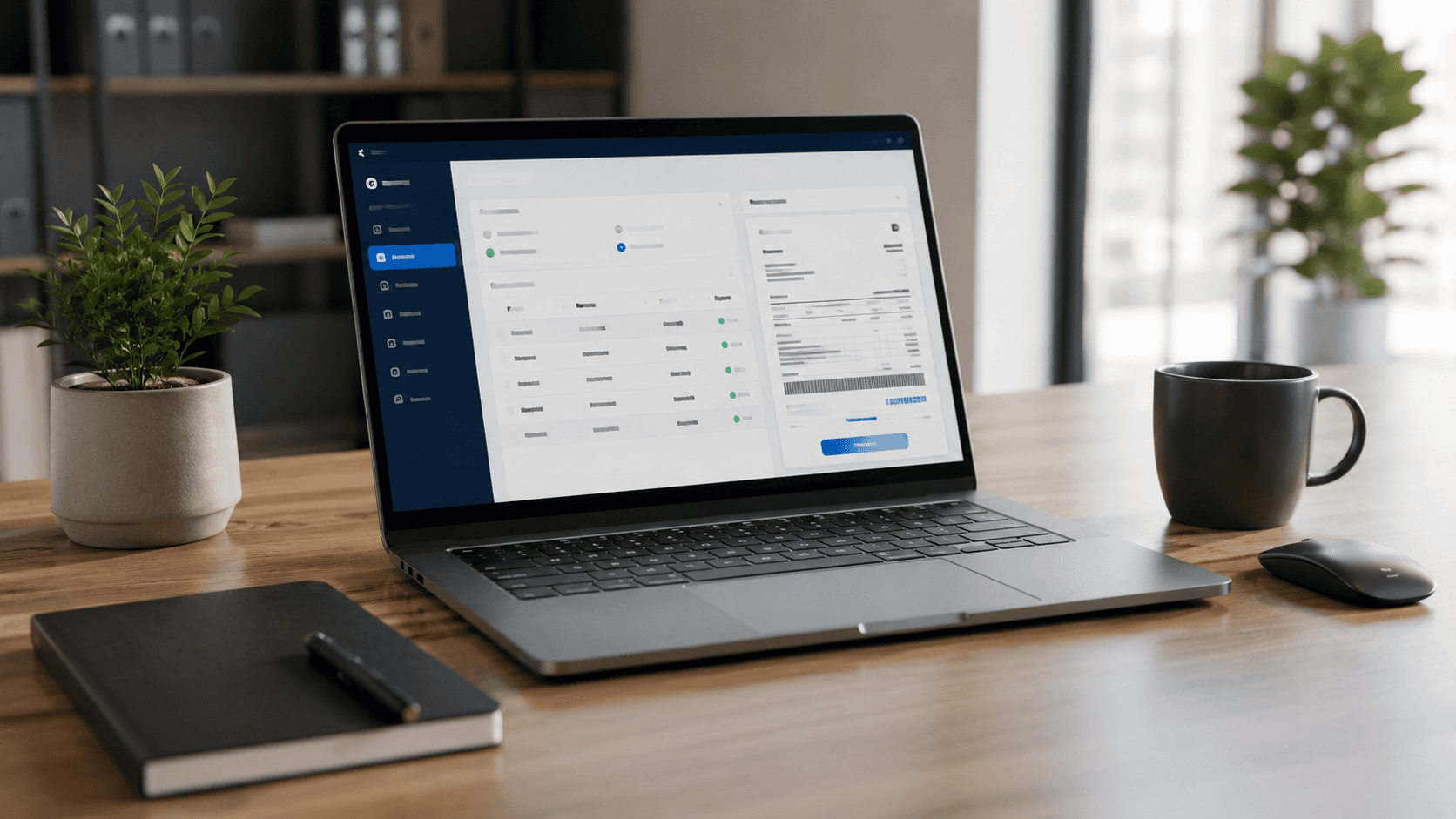 Renderização 3D realista de um ambiente corporativo moderno com uma mesa de madeira, notebook aberto exibindo um portal financeiro B2B com boletos e área de autoatendimento na tela, iluminação natural suave, itens de escritório minimalistas ao redor como caneca, caderno e planta decorativa. Cena limpa, profissional e tecnológica, sem pessoas e sem texto visível.