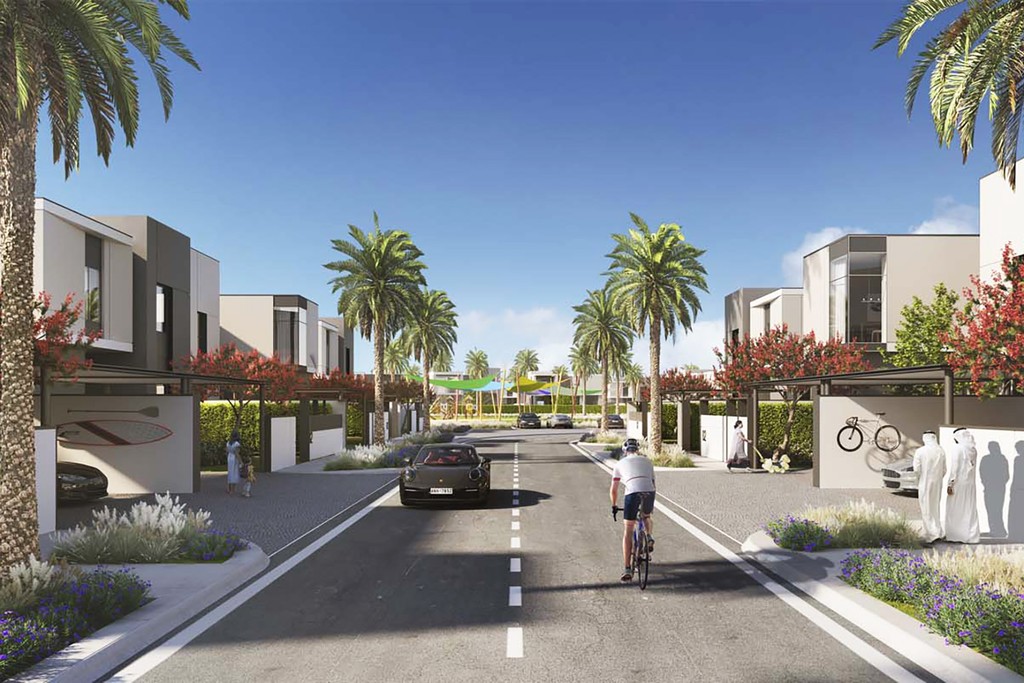 Concept art of Murooj Al Furjan's community park, highlighting landscaped gardens and spaces for social gatherings.