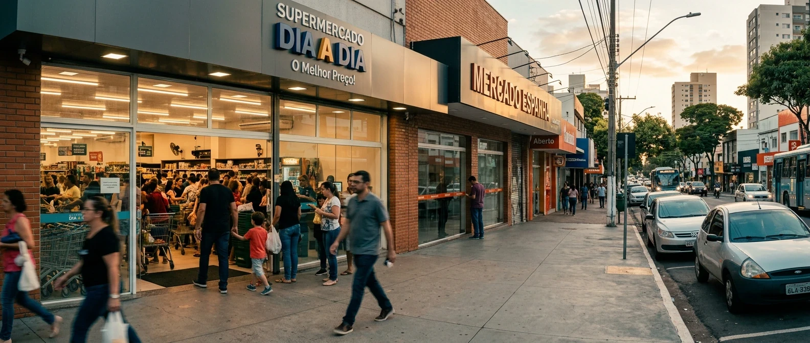 Rua comercial movimentada em Uberlândia com empresas concorrentes lado a lado e pedestres circulando, ilustrando o aumento da competição no mercado local em crescimento