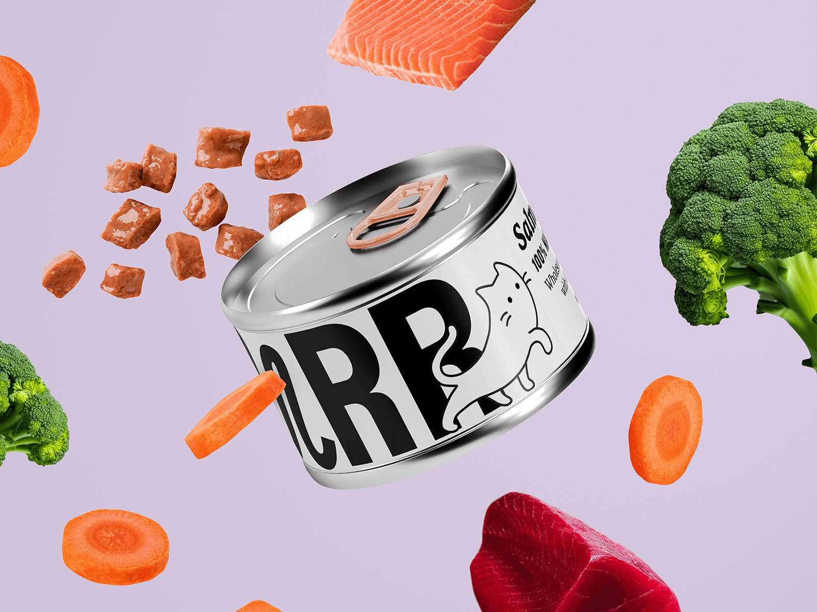 Purr cat food brand concept featuring a floating can surrounded by salmon, tuna, carrots, broccoli and food pieces.
