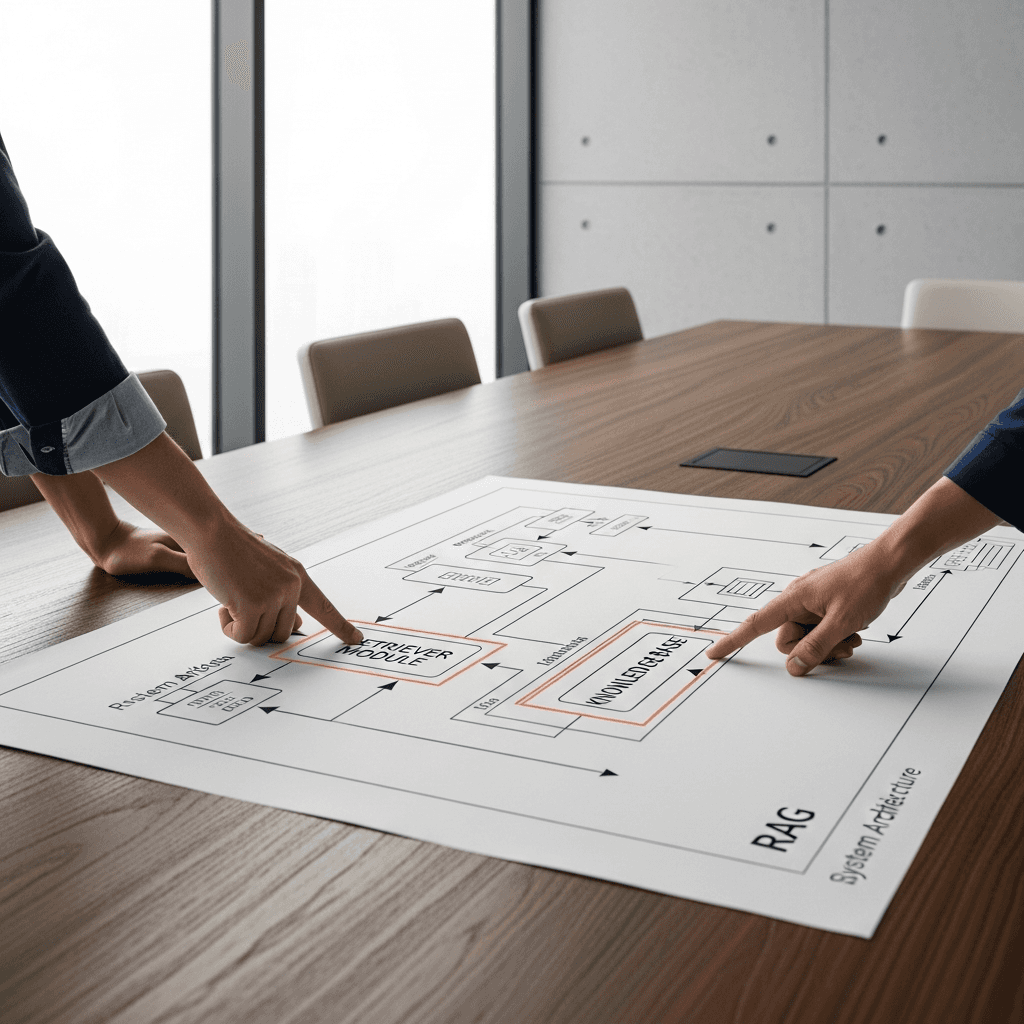 Editorial photograph of a minimalist, architectural meeting room with a large window providing soft, natural light. On a sleek, dark wood conference table, a detailed system architecture blueprint representing a RAG pipeline is spread out. Two engineers' hands are visible, pointing to specific components on the diagram highlighted in Agintex brand colors (#E76F51, #1F3B5B). The background features clean lines and a textured concrete wall. The composition is clean and focused, with ample empty space in the upper-left third for text overlay. Aspect ratio 16:9. Photorealistic, no text, no logos.