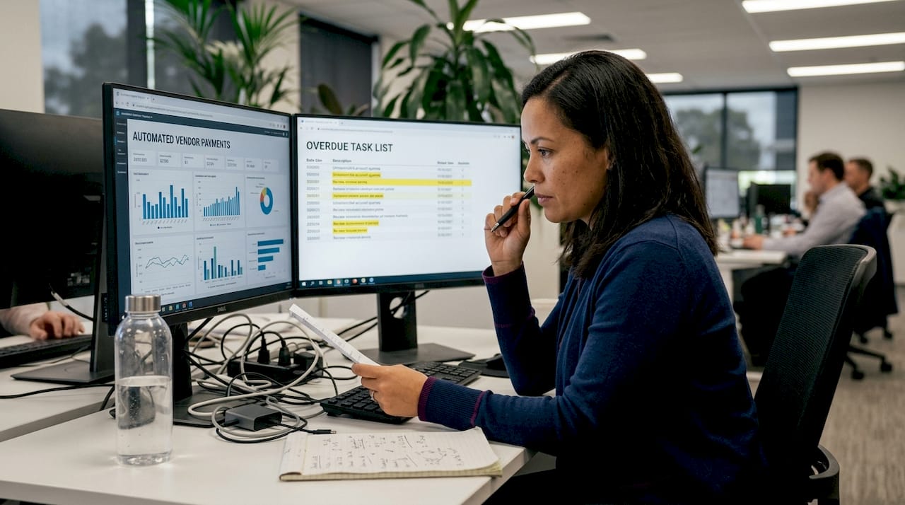 Analyst monitors automated vendor payment dashboard