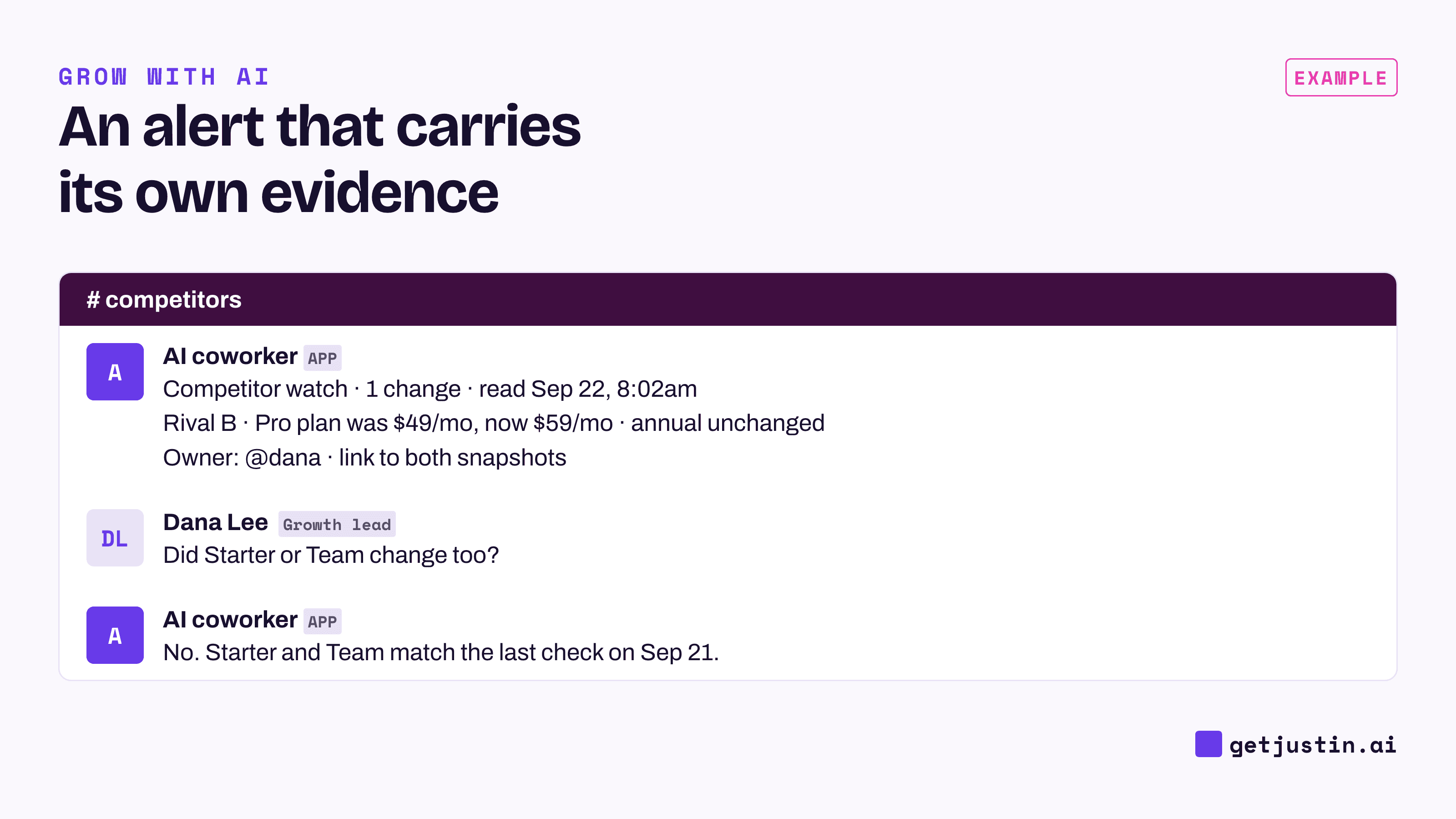 Example thread: the AI posts a dated price change with its source, and answers a follow-up about which plans changed.