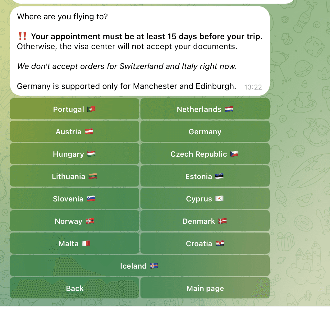 Step 1: choose the auto-booking destination, centre and dates in the Visard Telegram bot