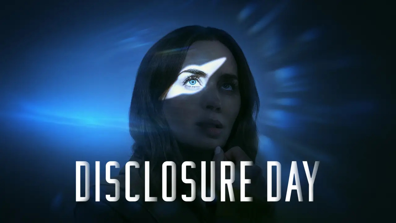 A mysterious woman peering through a triangular beam of light against a dark, atmospheric background, with the text "Disclosure Day" prominently displayed underneath.