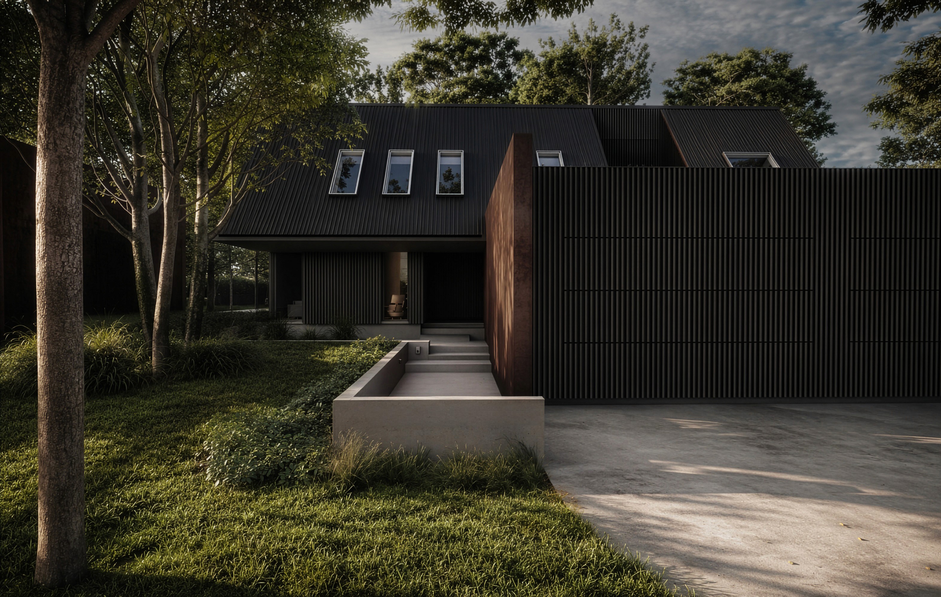 Modern Scandinavian-inspired custom home with black vertical cladding, steep roof forms, and thoughtfully integrated landscape design.