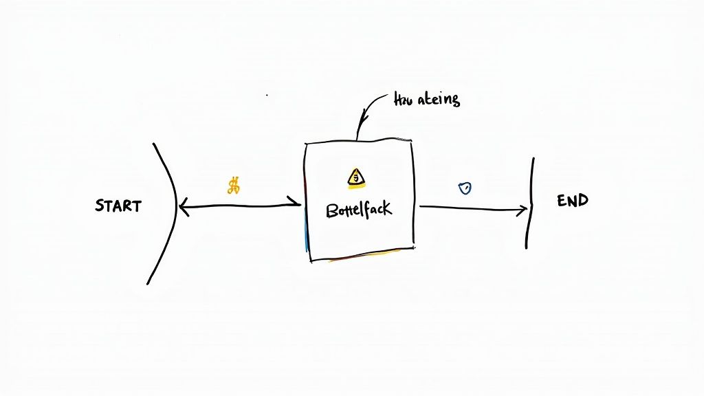 A team collaborating over a workflow chart, pointing to different stages of the production process.