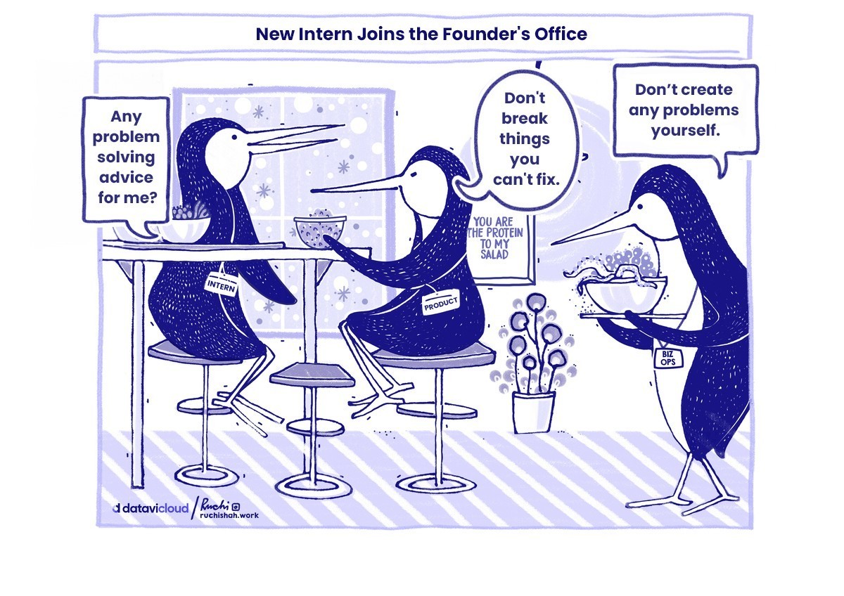 A comic of a new intern penguin asking for advice at the founder's office, while senior penguins tell them to avoid breaking things they can't fix and to stop creating new problems.