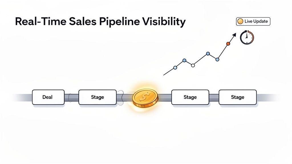 A visual representation of real-time sales pipeline visibility with stages, value, and live progress updates.