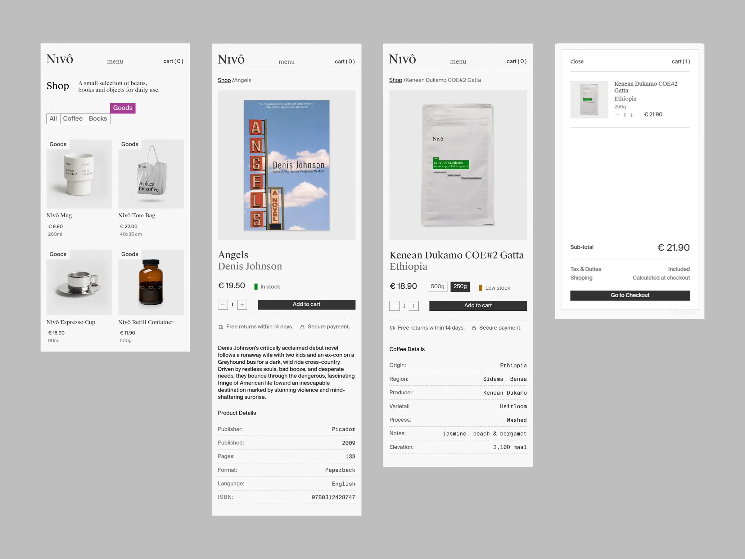 Nivô mobile online shop showing product listings, book and coffee product pages, and a shopping cart