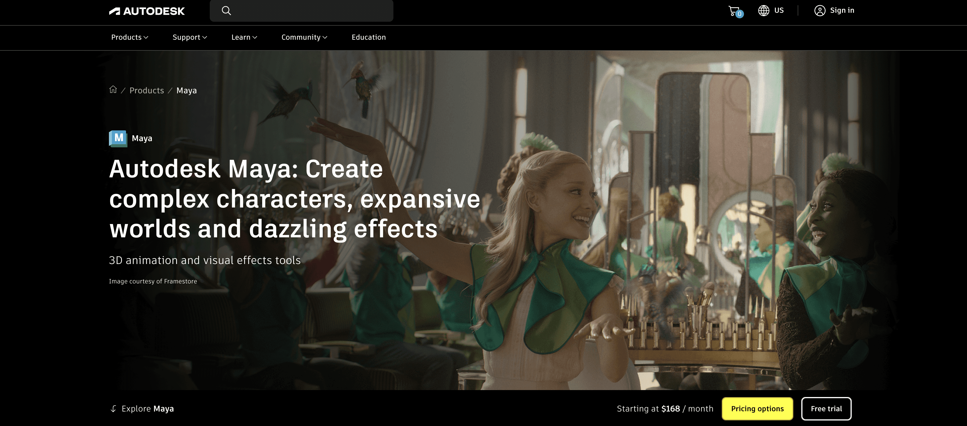 Autodesk Maya product page screenshot for 3D animation and visual effects software
