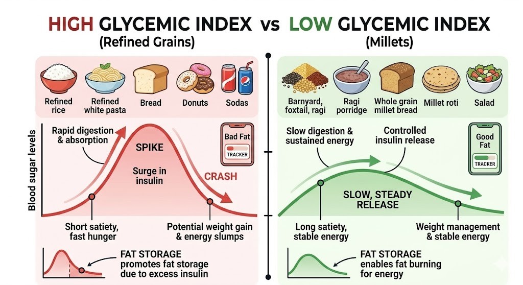 A side-by-side comparison infographic in a modern flat style against a clean white background. It features two graphical curves. The red curve has a sharp, steep spike and crash labeled 'Refined Grains (High GI)' with a sad, tired figure and a plate of bread, pasta, and cookies. The green curve has a slow, steady release and gradual decline labeled 'Millets (Low GI)' with a happy, energetic figure and a plate with a bowl of millet, vegetables, and a whole roti. The vertical axis shows blood sugar level, and the horizontal axis shows time, providing health education on dietary impact.