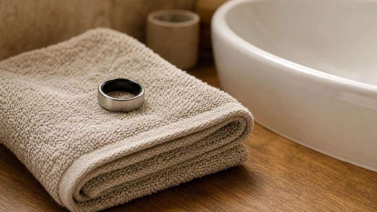 Silver smart tasbih ring resting on a folded towel beside a washbasin