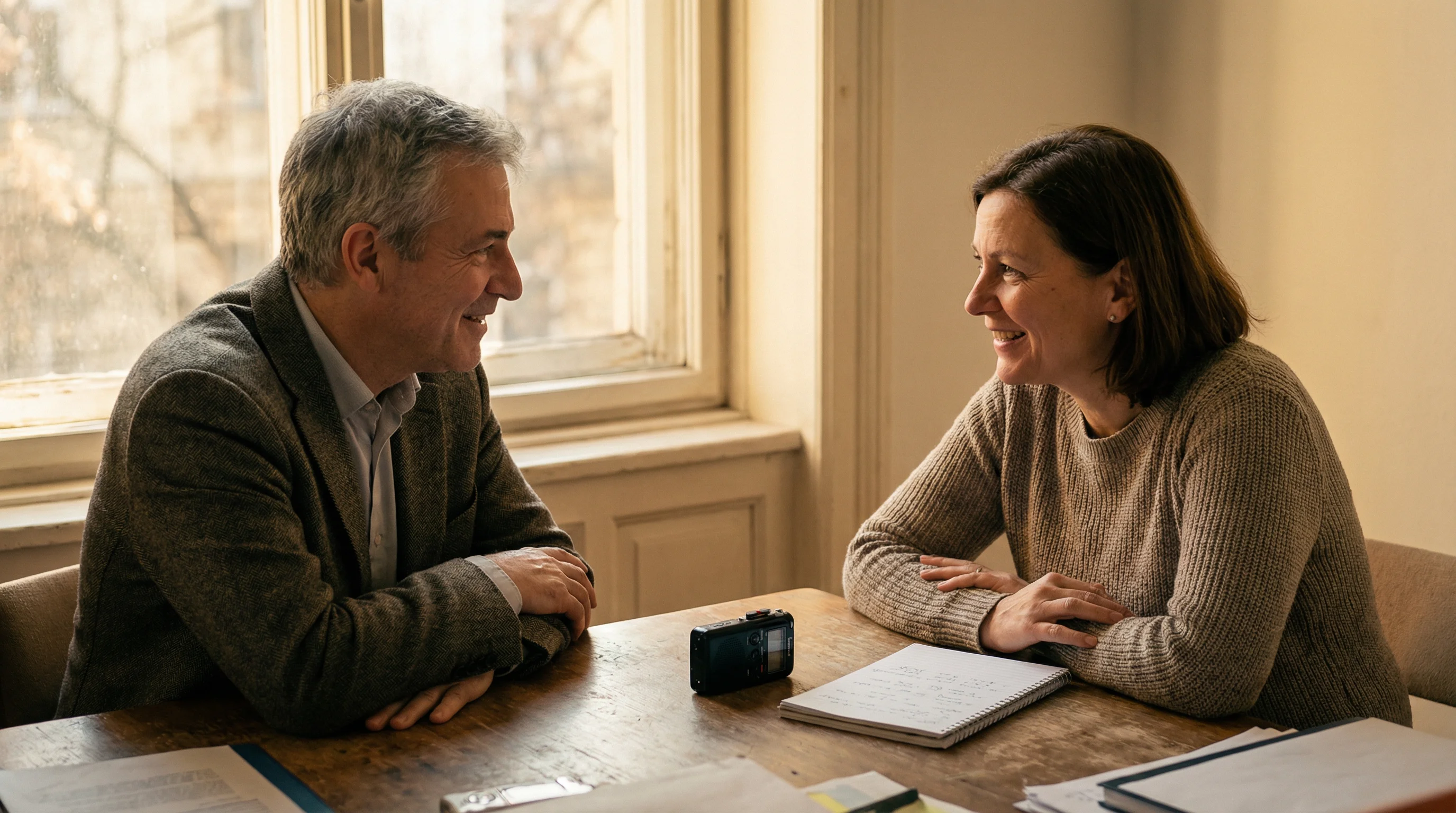 Professional leaning forward attentively during an intimate recorded conversation, compact voice recorder on table between them, handwritten notes on notepad, warm afternoon light through window