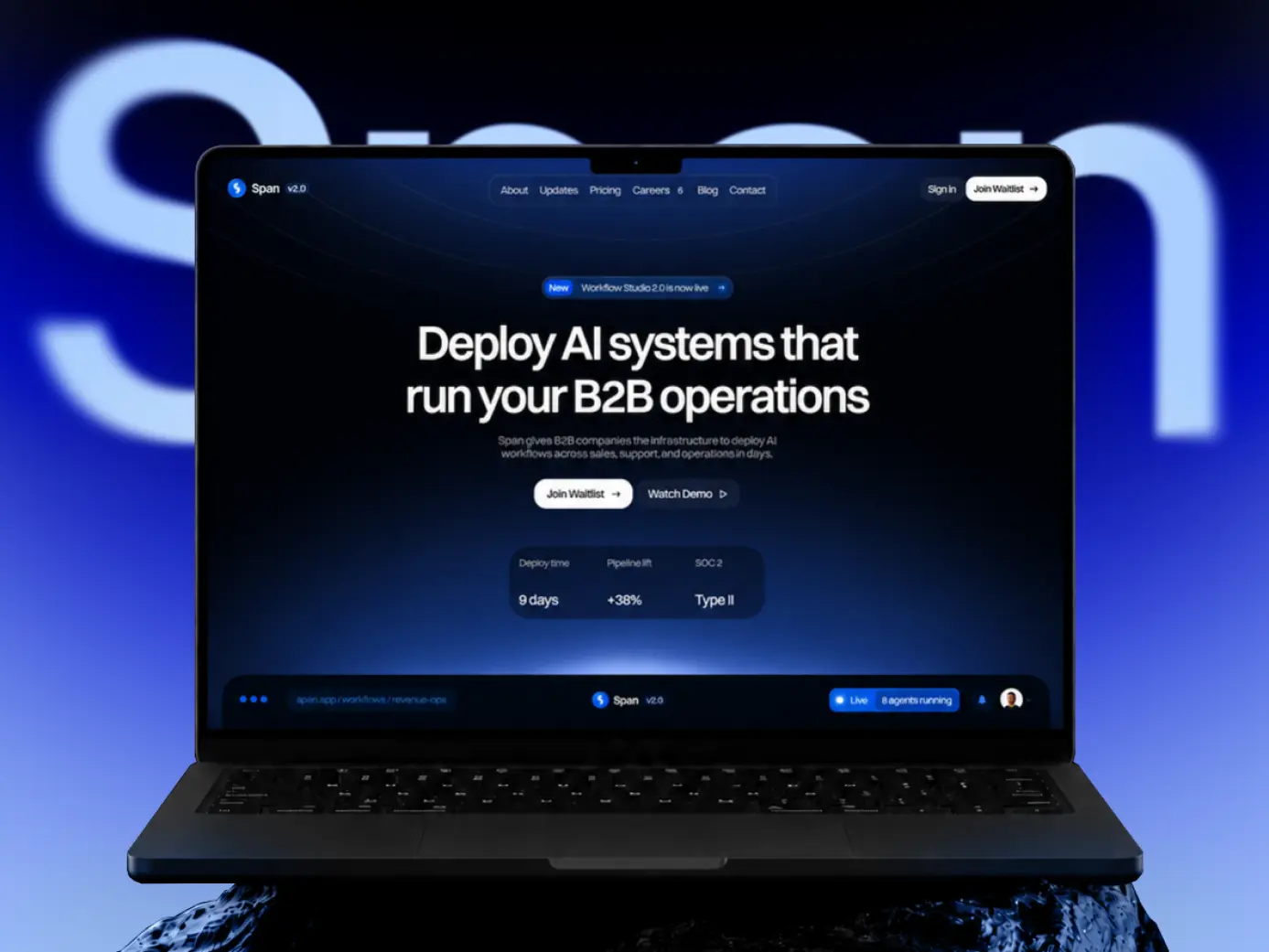 Span AI SaaS Framer template displayed on a laptop with a dark blue interface for deploying AI systems and B2B workflows.