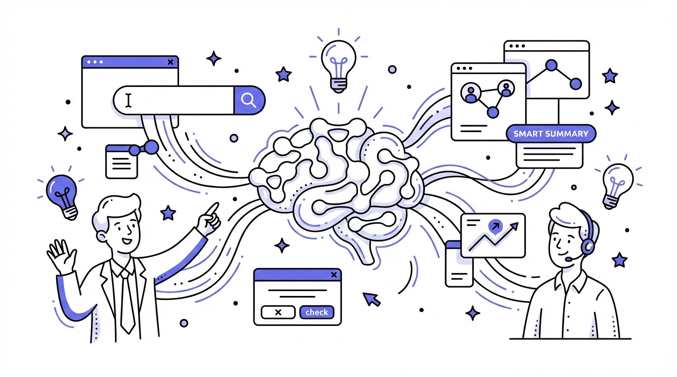 A conceptual illustration showing a glowing, stylized AI brain at the center, surrounded by intricate neural pathways and flowing data streams. These streams extend outwards to abstract representations of search interfaces and data visualizations, symbolizing AI's profound influence on enhancing search capabilities. The image uses a modern, tech-focused palette of blues, purples, and greens.