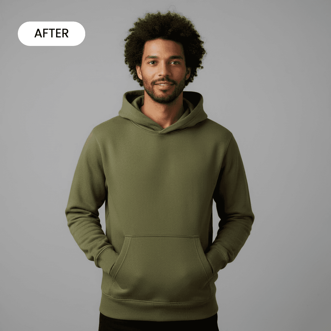 green hoodie on a mixed race man standing in a grey professional studio facing the front
