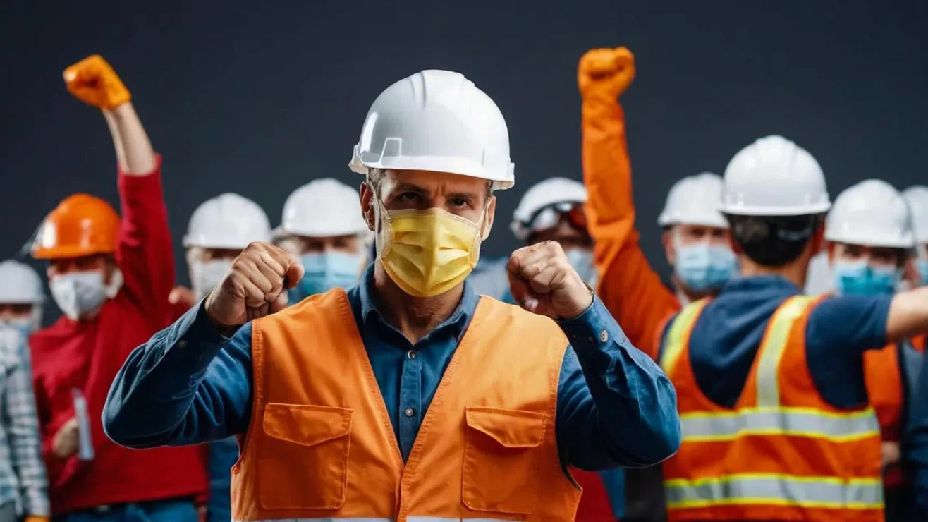 Grupo de trabalhadores usando capacetes, máscaras e coletes de segurança. Em primeiro plano, um trabalhador com colete laranja e máscara amarela ergue os punhos em sinal de força ou protesto. Ao fundo, outros trabalhadores também levantam os braços, sugerindo mobilização coletiva em um ambiente industrial ou de construção.
