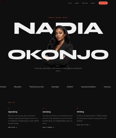 Personal brand website built with AI showing an enormous name behind a speaker's portrait and a client logo row