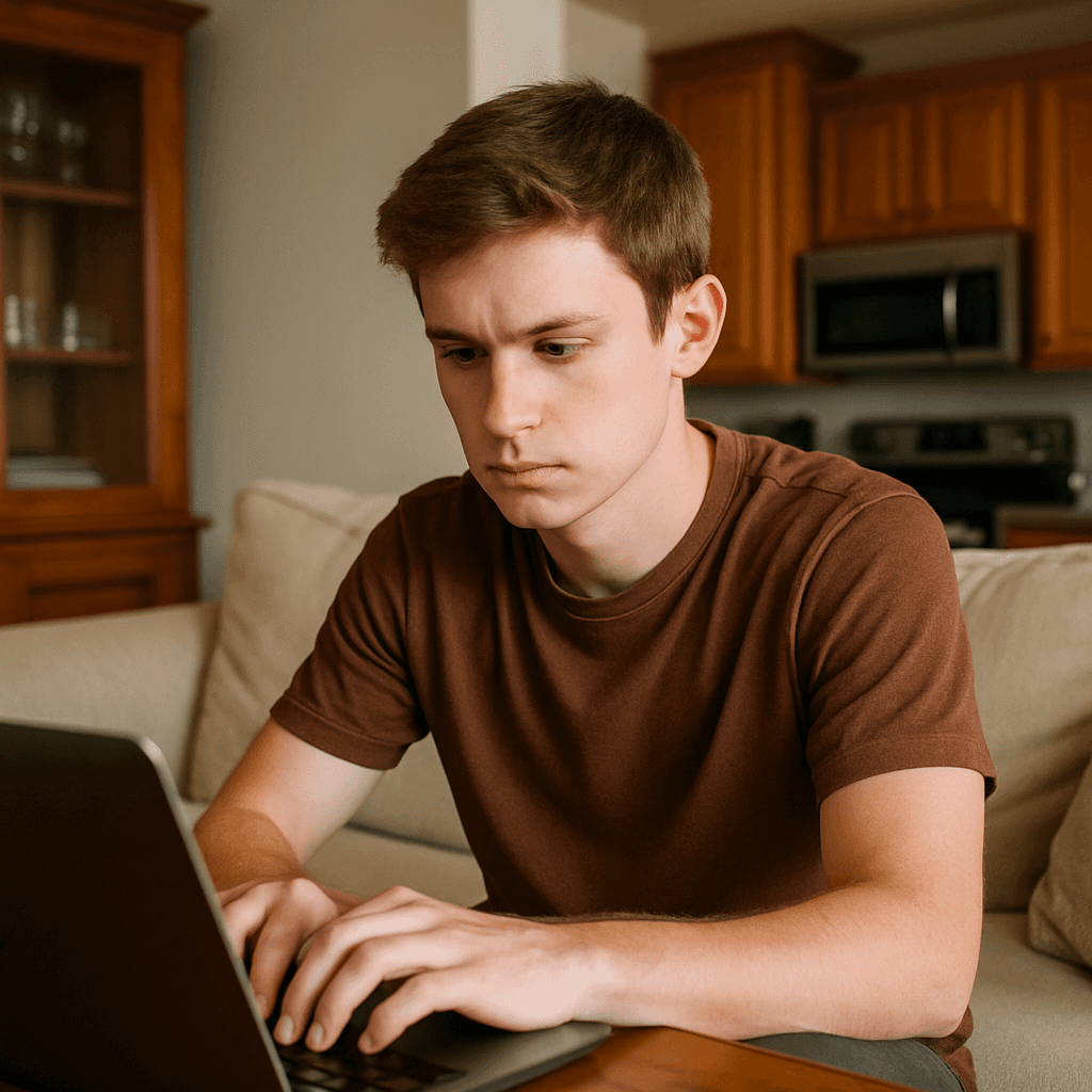 Student with brown shirt studying at home
