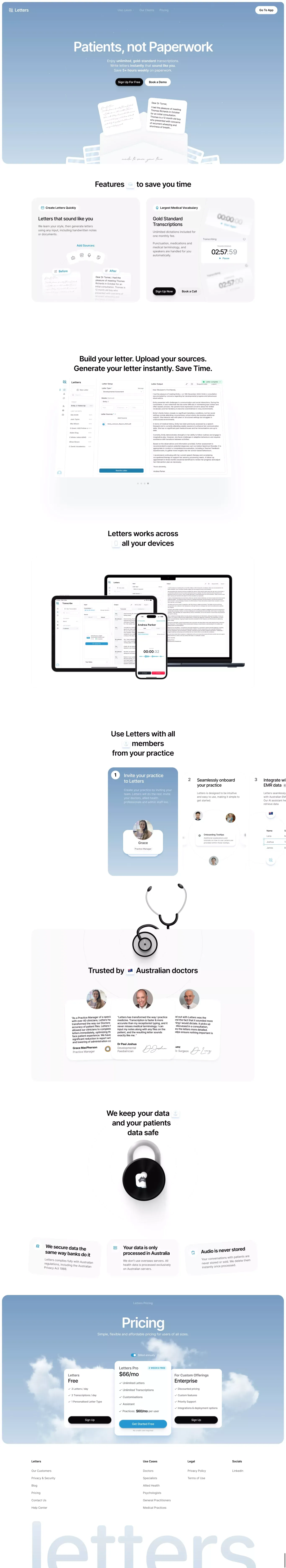Letters.App - Write Medical Letters Inst landing page screenshot showcasing AI and Tech design
