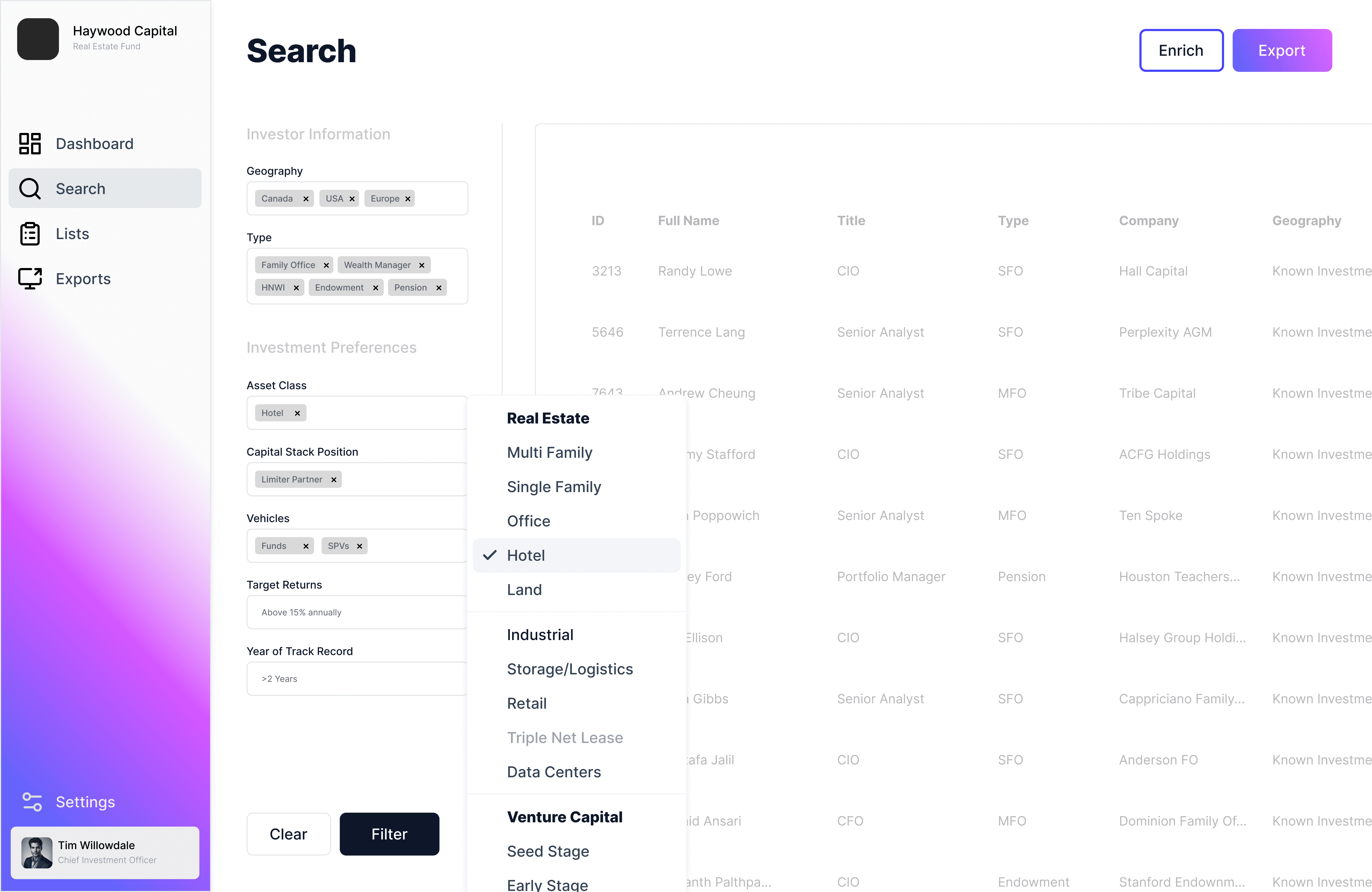 Screenshot of the main dashboard with gradients as background