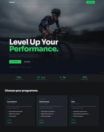 Sports coach website prompt — dark blue-grey and performance green elite sports coach personal trainer website design preview