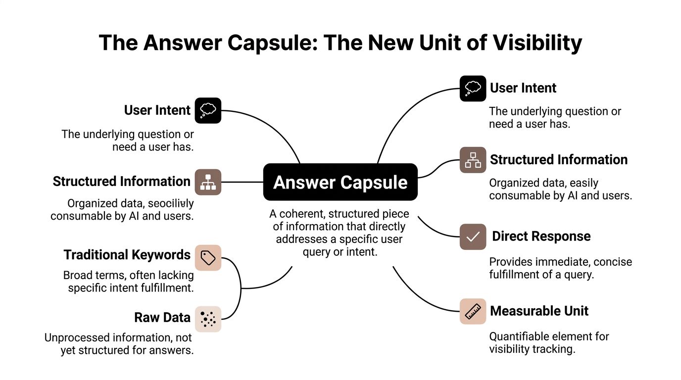 A diagram illustrating the components of an Answer Capsule as a new unit of digital visibility.