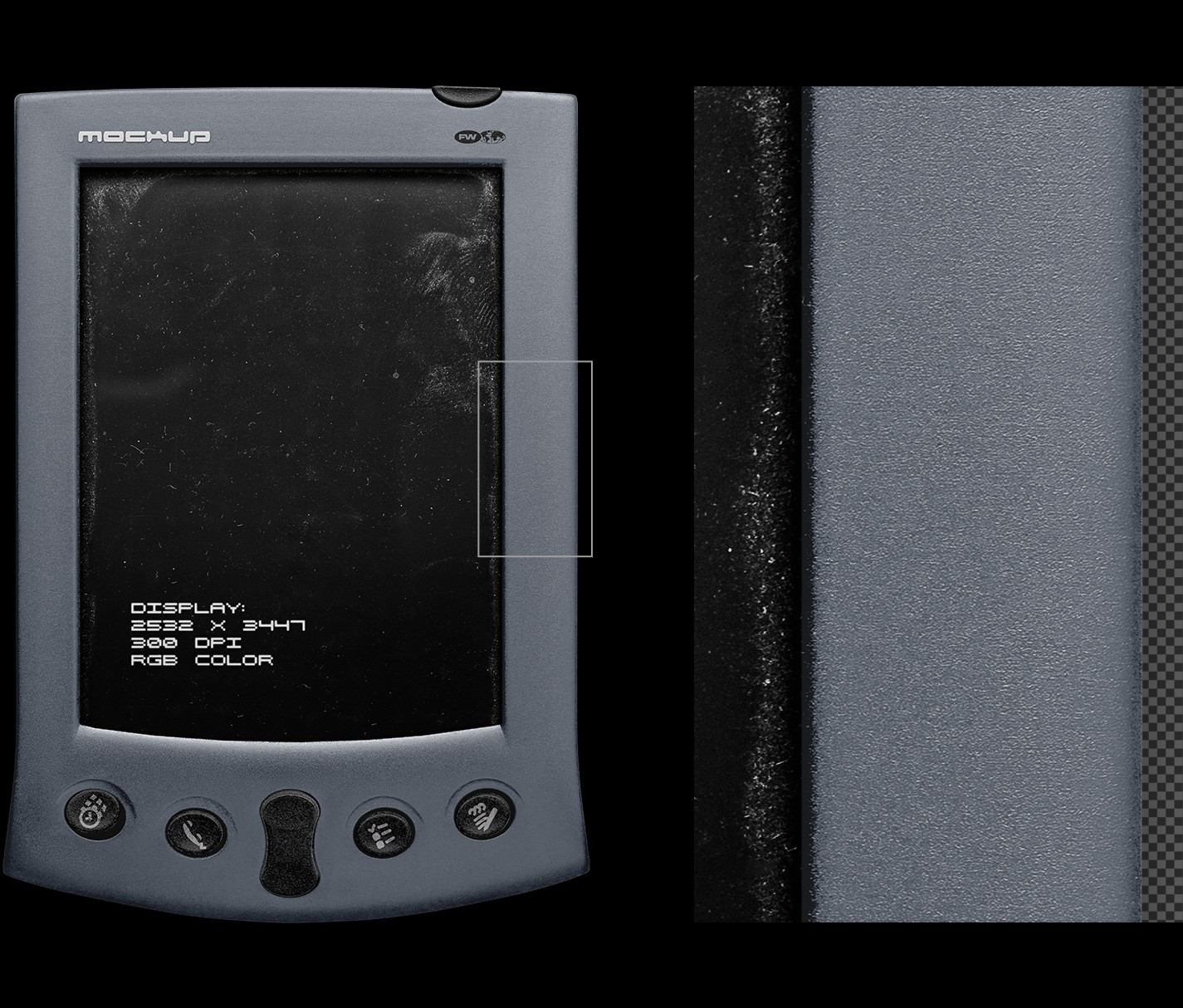Retro smart device mockup closeup showing scratched screen texture and device detail