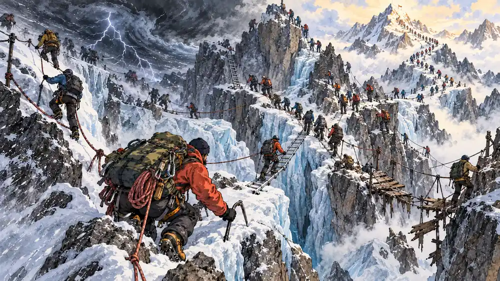Metaphorical cartoon of SEO specialists trying to climb the SERPs, which have become treacherous terrain