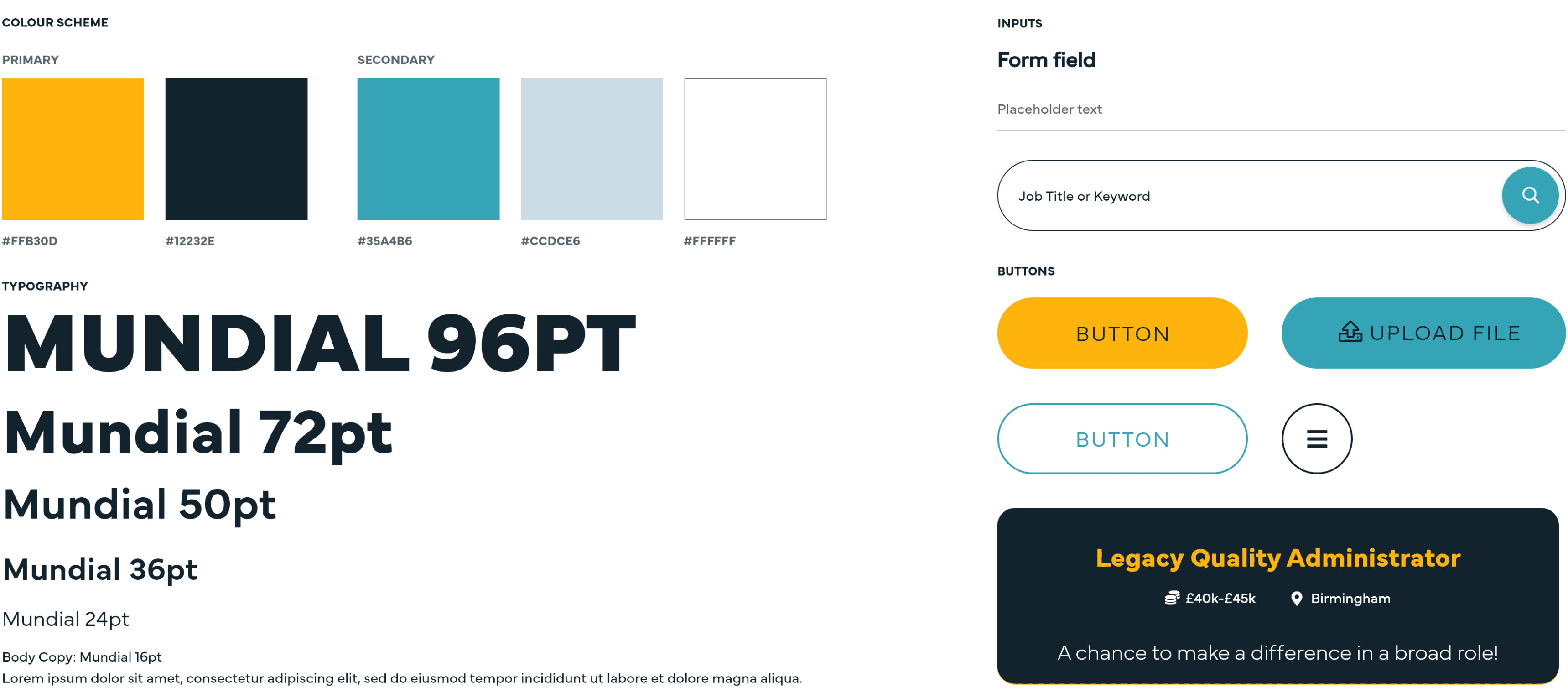 Here is the alt text for the provided image:  Color palette and typography guide featuring an orange, navy blue, teal, and gray color scheme. Typography shows the "Mundial" font in sizes from 96pt to 24pt. Inputs include a "Job Title or Keyword" search field and buttons to search or upload file. Job listing card for Legacy Quality Administrator role in Birmingham with the description "A chance to make a difference in a broad role!"