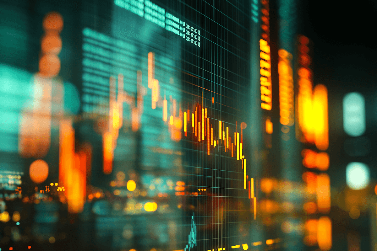Abstract digital display showing glowing orange and green stock charts.