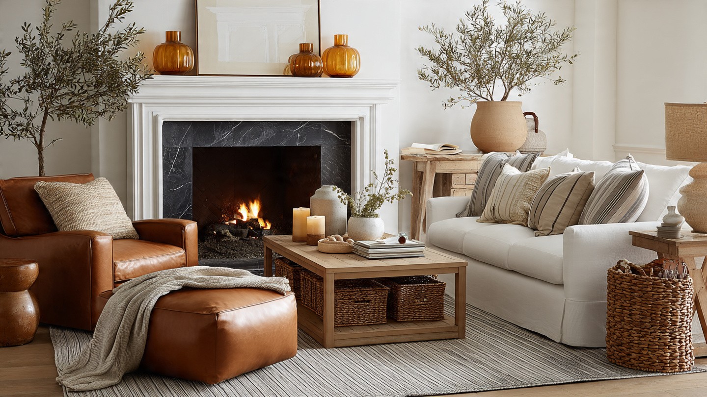 Cozy living room with a lit fireplace, white sofa, brown leather armchair, and ottoman. Wooden coffee table with candles, plants, and woven baskets.
