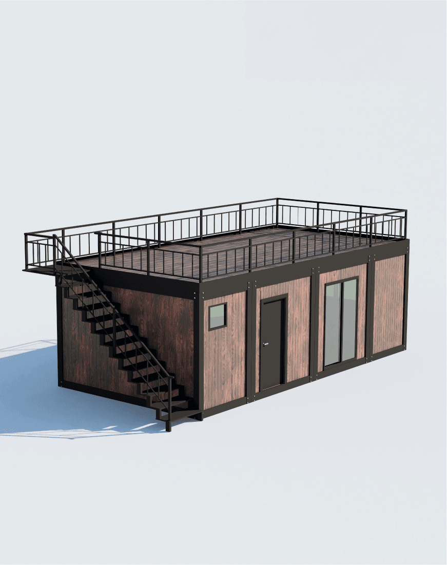 Render of a modular building unit with rooftop terrace and staircase