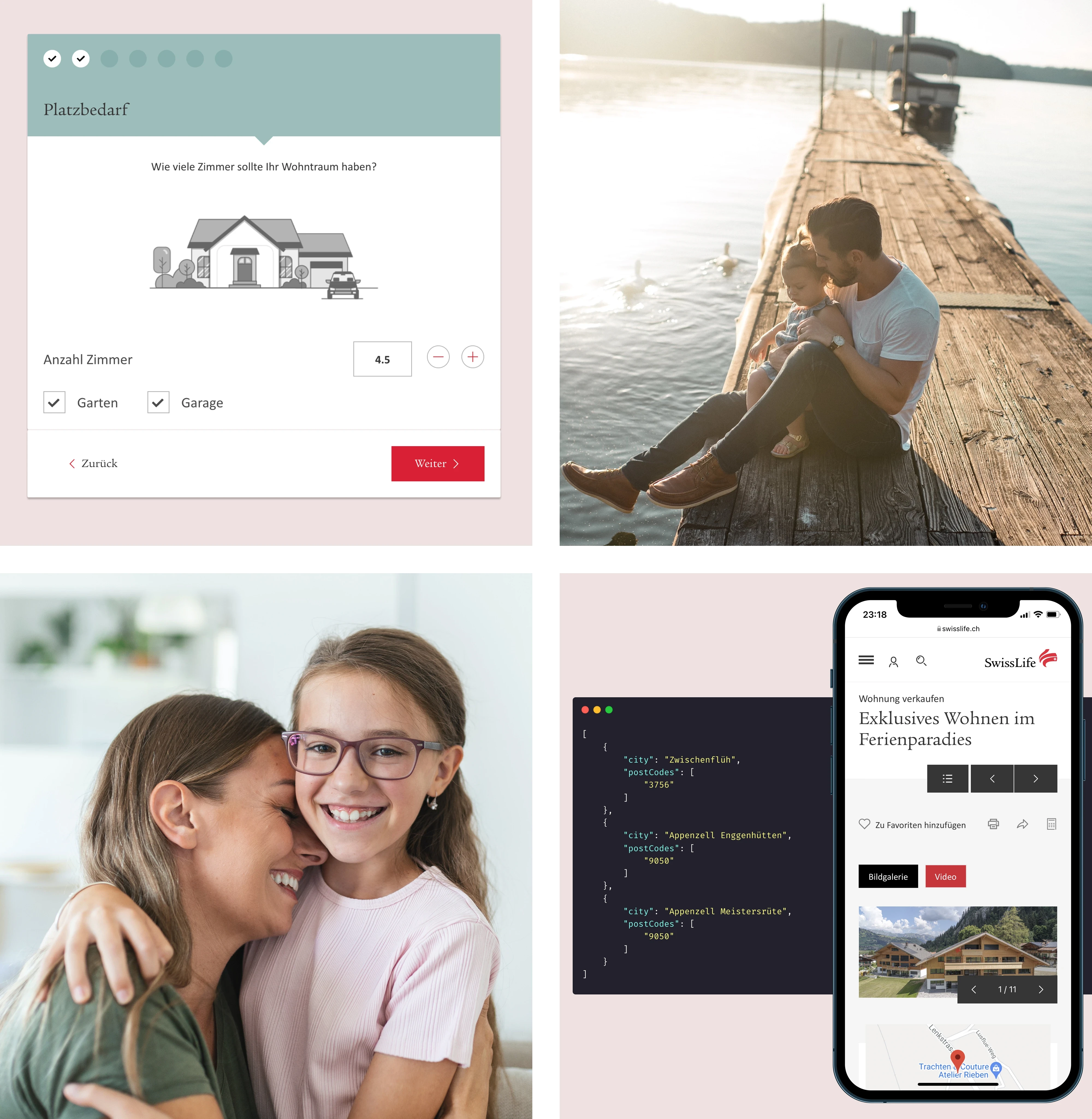 SwissLife housing app interfaces with room calculator and property features, alongside emotional lifestyle imagery of families.