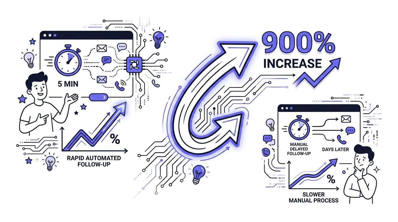 Infographic comparing lead follow-up times. It shows a 900% increase in conversion rates when using a 5-minute follow-up compared to a delayed manual follow-up, depicted with graphs and digital elements.