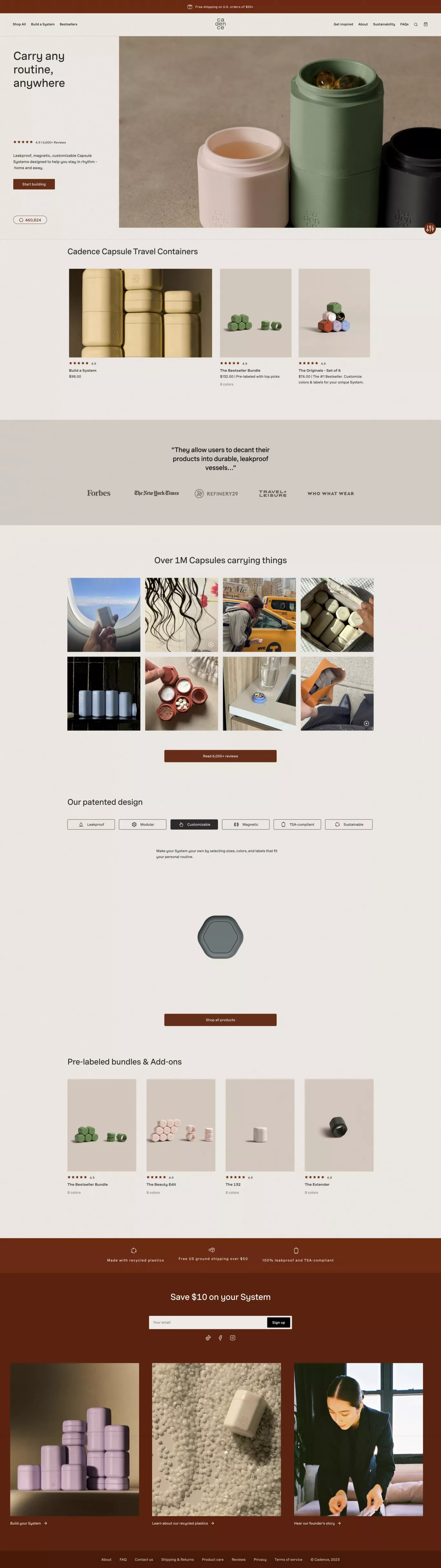 Leakproof and Magnetic Travel Containers ecommerce page screenshot showcasing Design and Travel design
