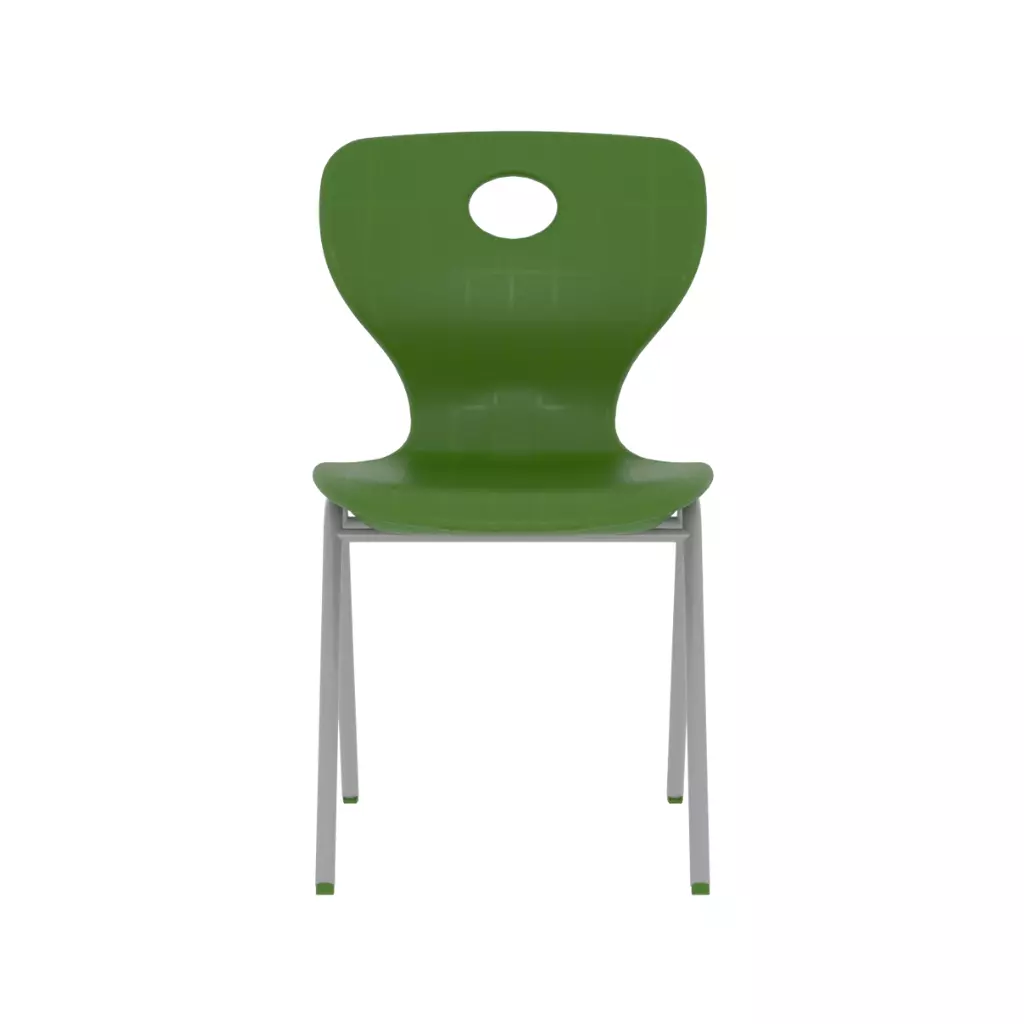 Green plastic school chair front view with metal frame