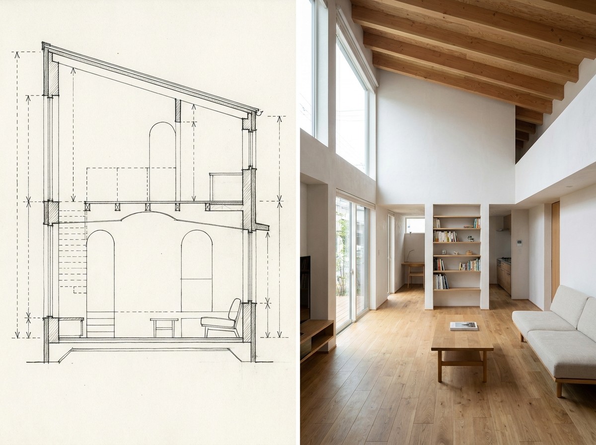 Architectural section drawing alongside the completed interior space showing how spatial design decisions become the built interior