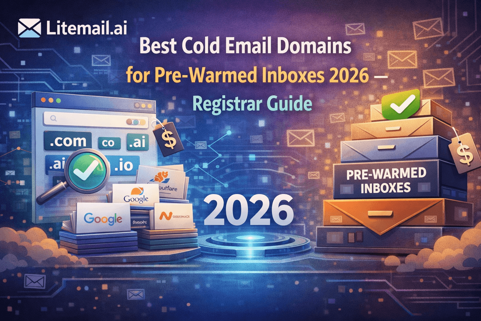 cold email domains (.com, .ai, .io) with registrar tools, alongside stacked pre-warmed inboxes, highlighting domain selection and deliverability strategy for 2026.