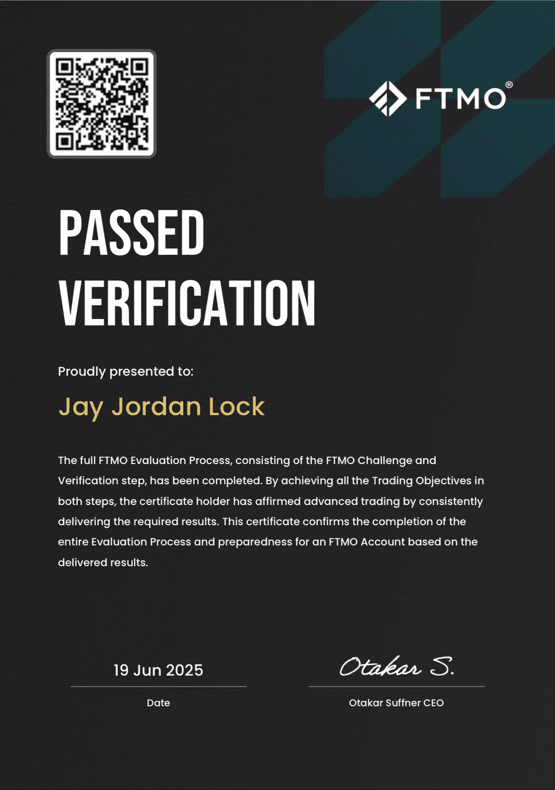 FTMO passed verification certificate awarded to Evo X member Jay Jordan Lock, June 2025