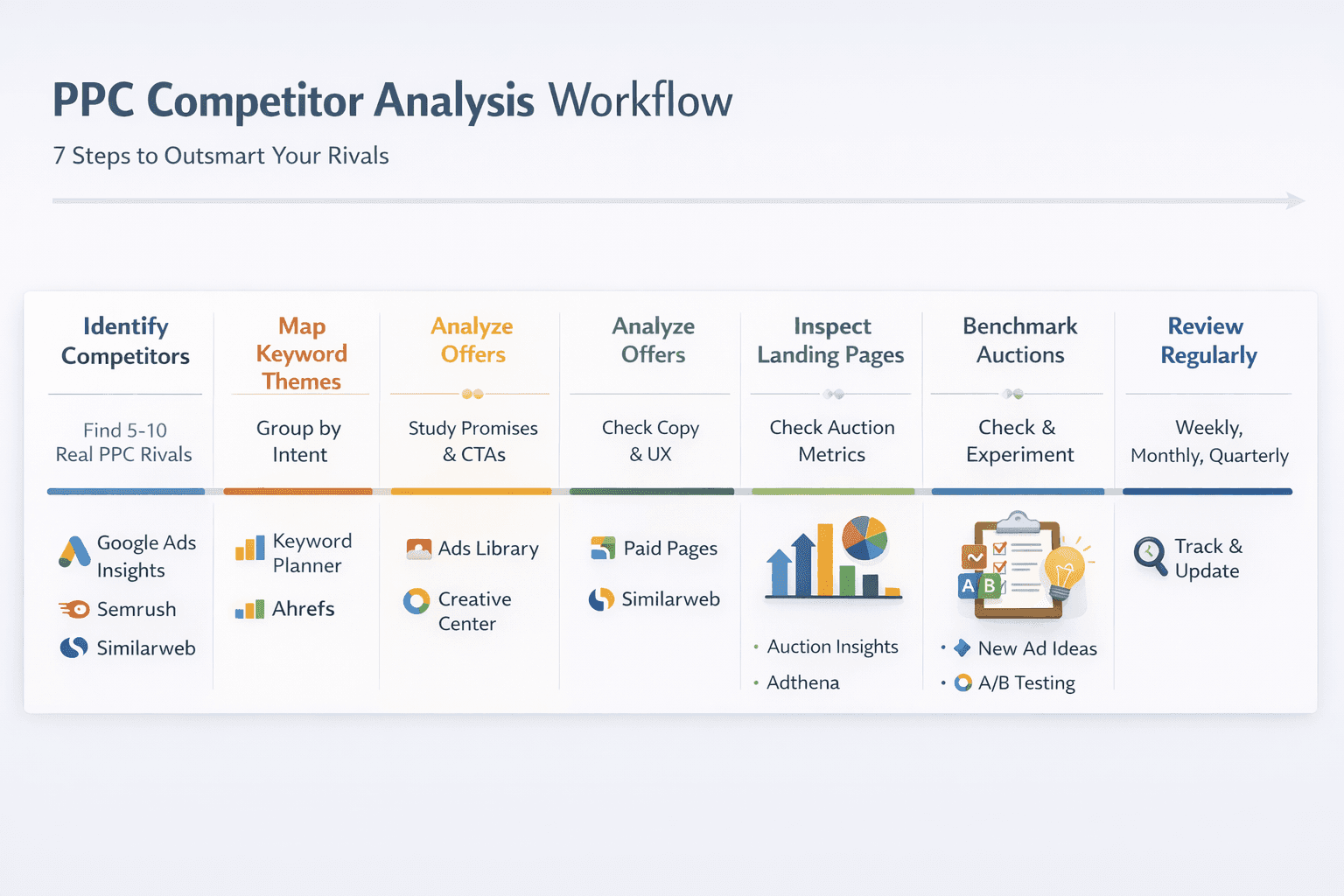 7-step PPC competitor analysis workflow infographic (identify competitors, keywords, offers, landing pages, auctions, tests, review).