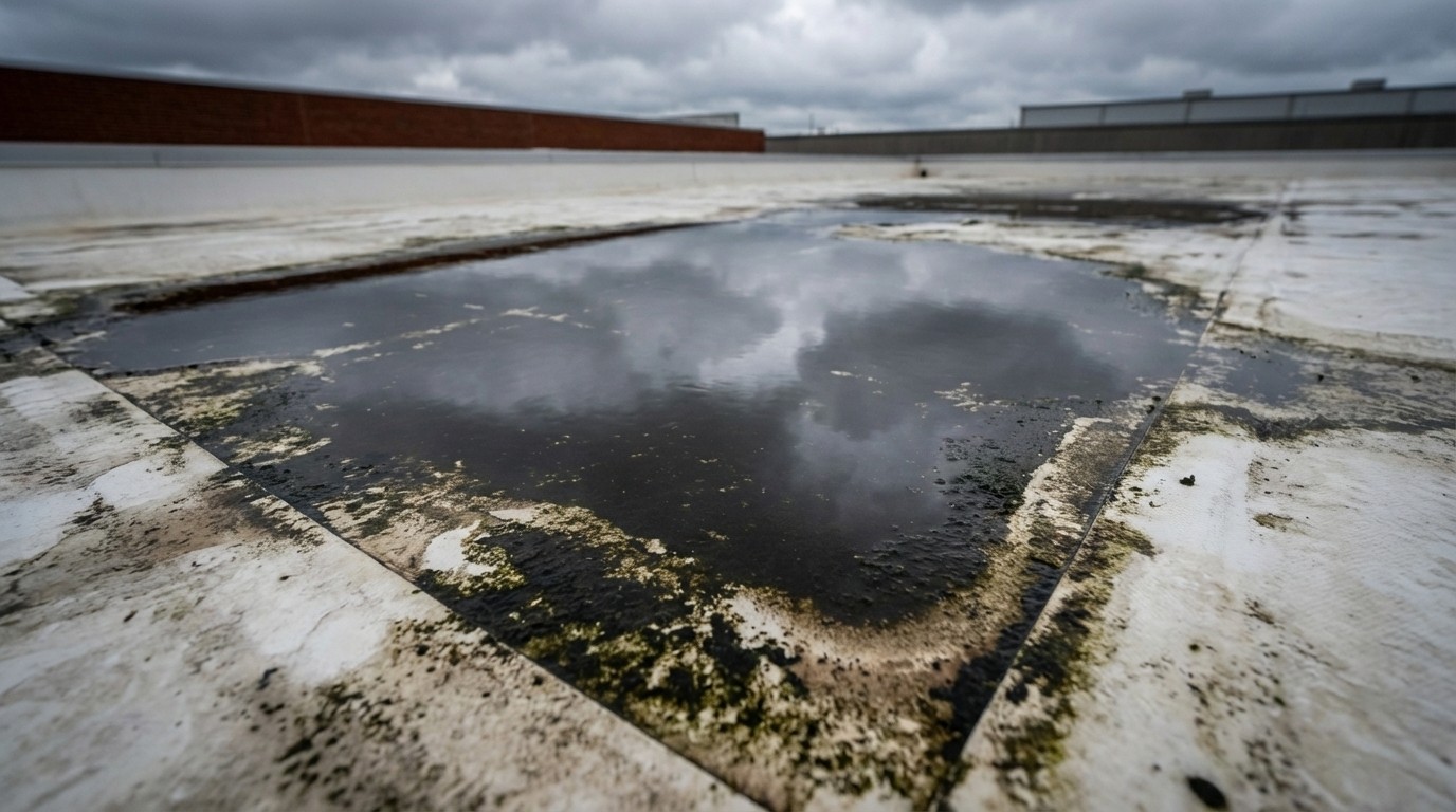 Ponding water on flat roof after Chattanooga rain storm