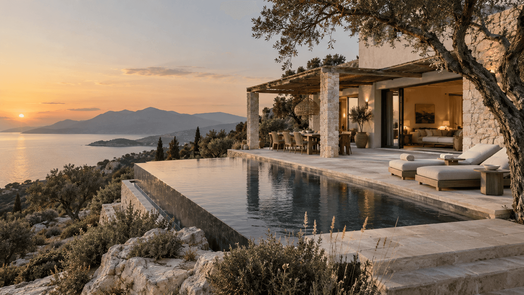 Private stone villa and infinity pool overlooking the Ionian at sunset
