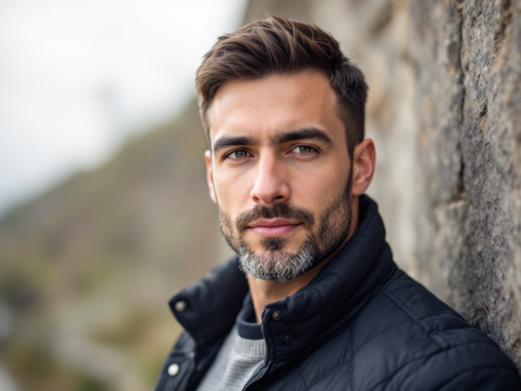 A man with a beard and a black jacket is looking at the camera.