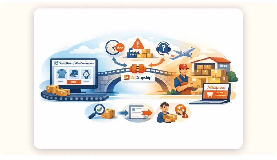 Illustration showing AliDropship bridging WordPress store and AliExpress fulfillment process