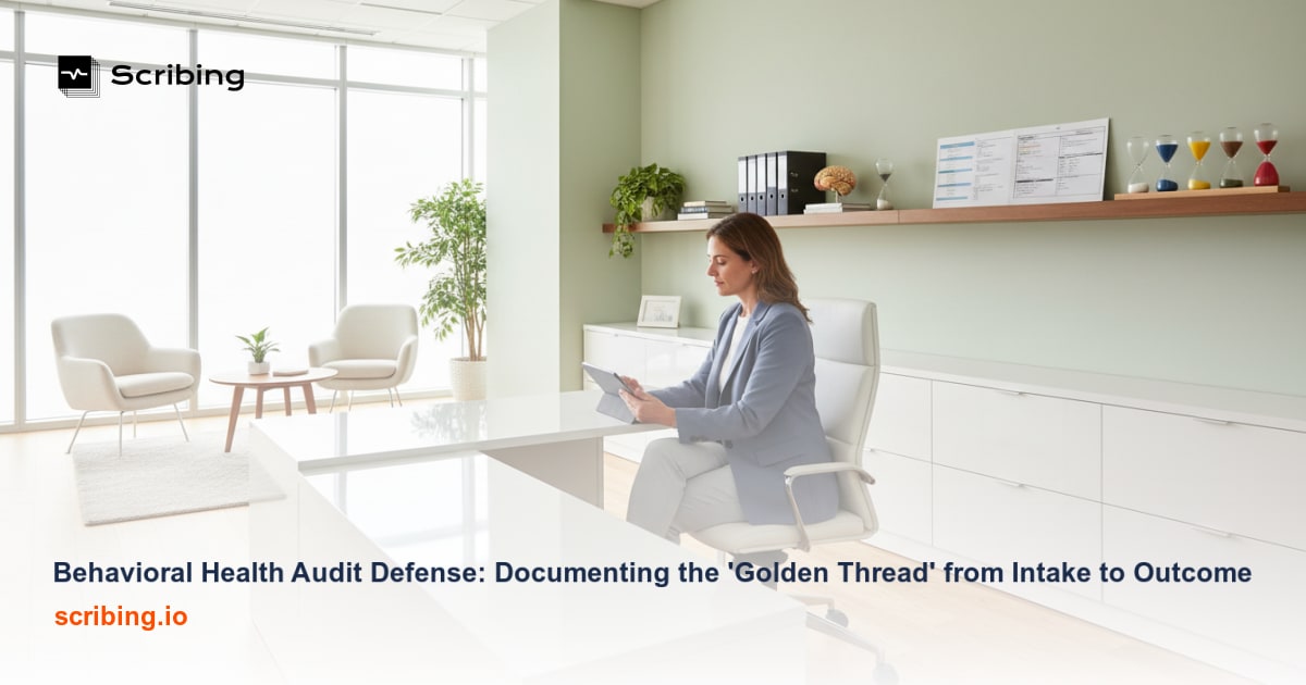 Visual representation of the Golden Thread concept in behavioral health documentation showing the connected chain from intake assessment through treatment planning, progress notes, and outcome measurement for audit defense