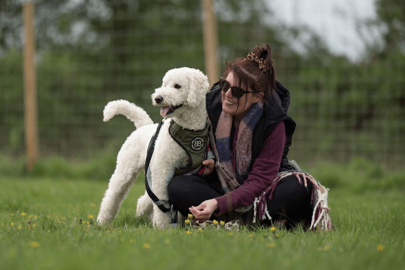 A happy, relaxed dog with their tongue out, being cuddled by their smiling owner