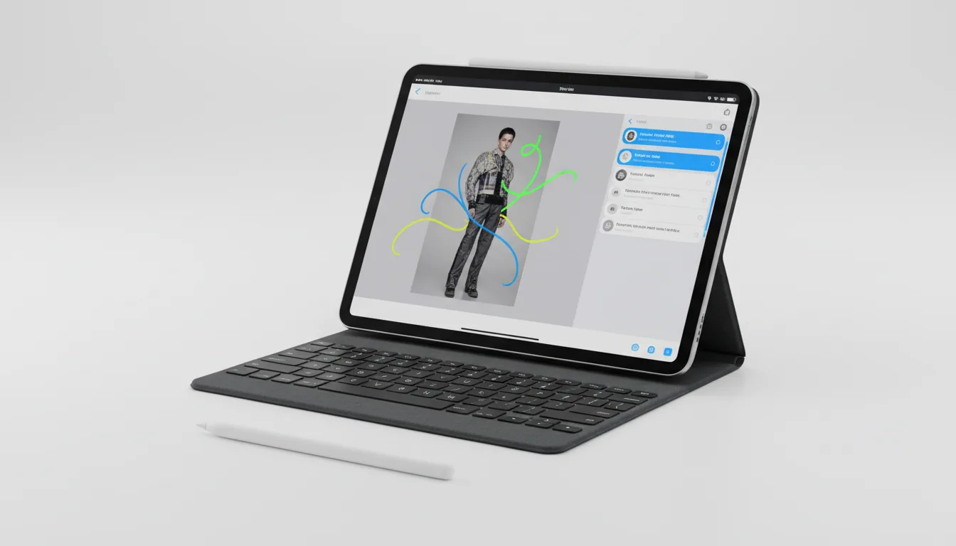 DSLR product photography of a silver Apple iPad with an attached dark grey Smart Keyboard, angled on a seamless white surface. In the foreground lies a white Apple Pencil. The scene is evenly lit with soft studio lighting. The iPad's screen is on, displaying a multitasking split-screen view: the left panel shows a design presentation with a fashion photo and colorful, abstract digital ink annotations, while the right panel shows a messaging app interface with blue and grey UI elements representing a conversation.
